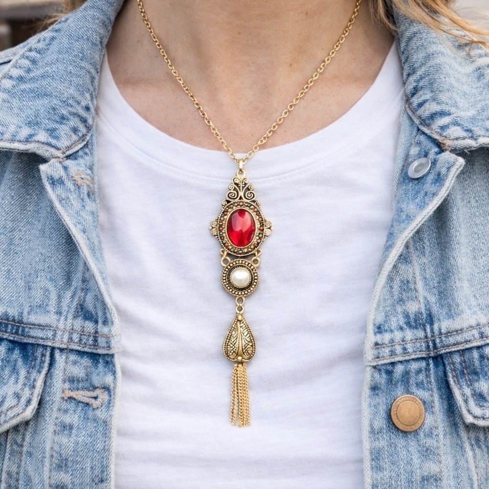 Vintage Gold Tone Red Cabochon Necklace with Faux Pearl Tassel Pendant